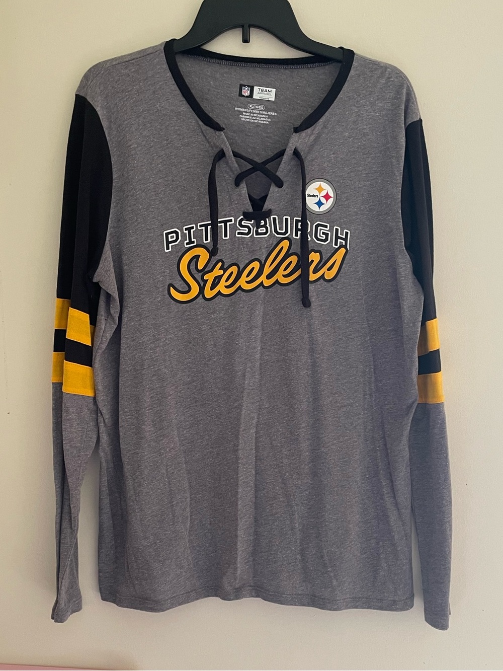 NFL Pittsburgh Steelers Gray Lace-Up Long Sleeve Top with Black & Gold Accents